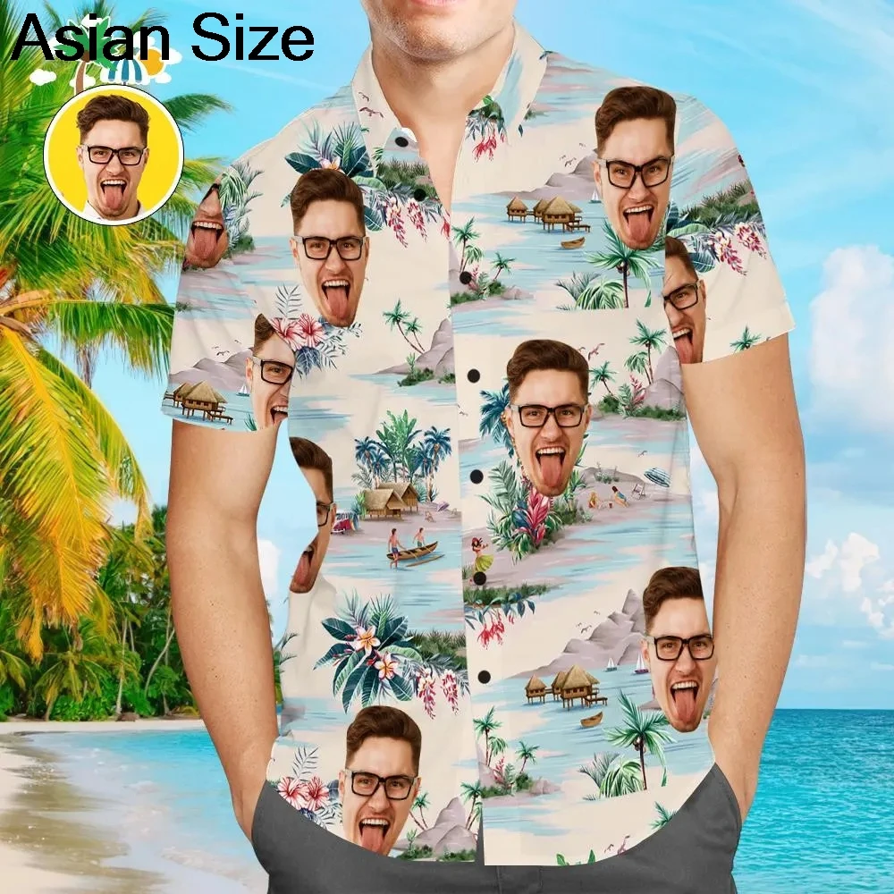 Custome Face Leaves Hawaiian Shirt, Personalized Tropical Beach Shirt, Vacation Island Style Shirt, Custom Face Hawaiian Shirt