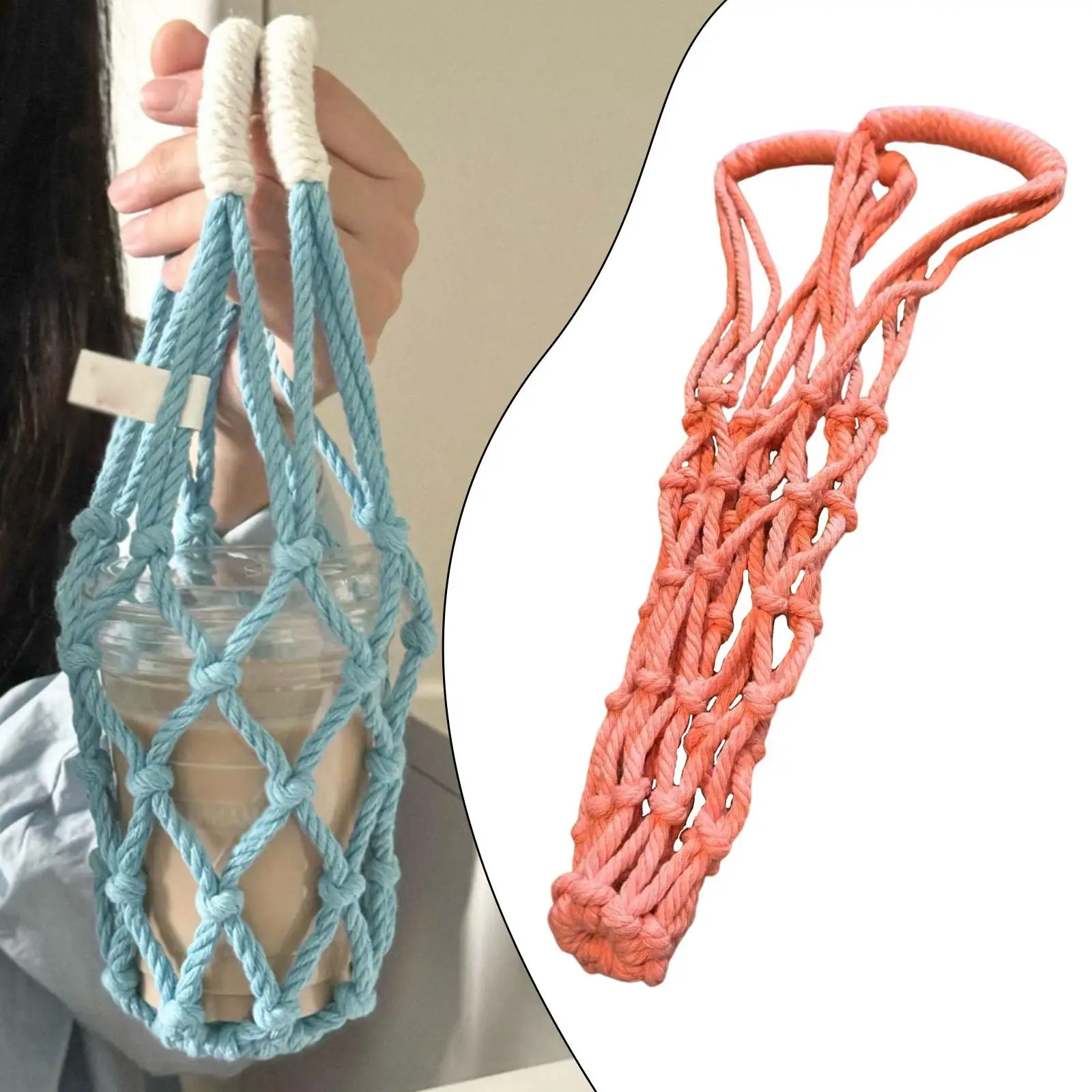 Portabebidas de cuerda tejida hecho a mano con asa para acampar actividades al aire libre