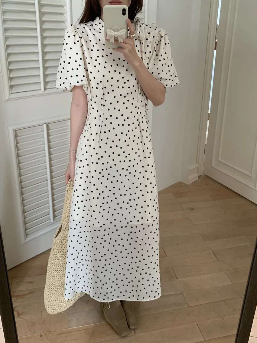 

2Colors Korean Bow Stand Collar Polka Dot Dress 2025 Summer Elegant Puff Sleeve High Waist Slim A-line Long Dresses Female(T2365