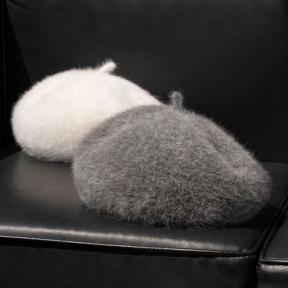 Angora Rabbit Hair Blend Beret Hat for Women Winter Warm Soft Fuzzy Knit Painter Cap French Style Vintage Solid Color Headwear