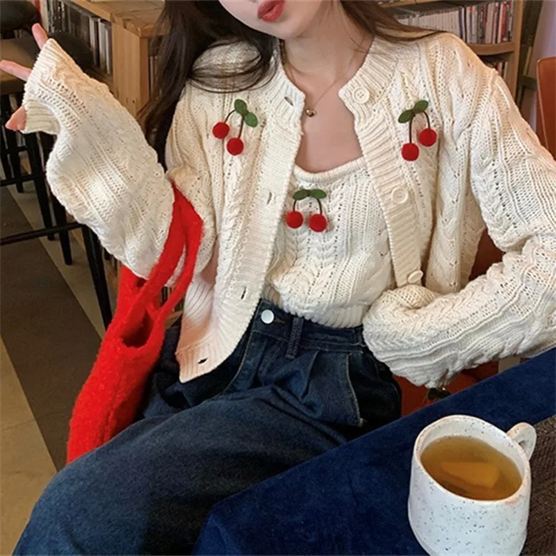 2023 New Autumn Female Sweet Cherry Leisure Time Sweater Knitted Cardigan Women Short Overlay Long Sleeve Top Two Piece Set