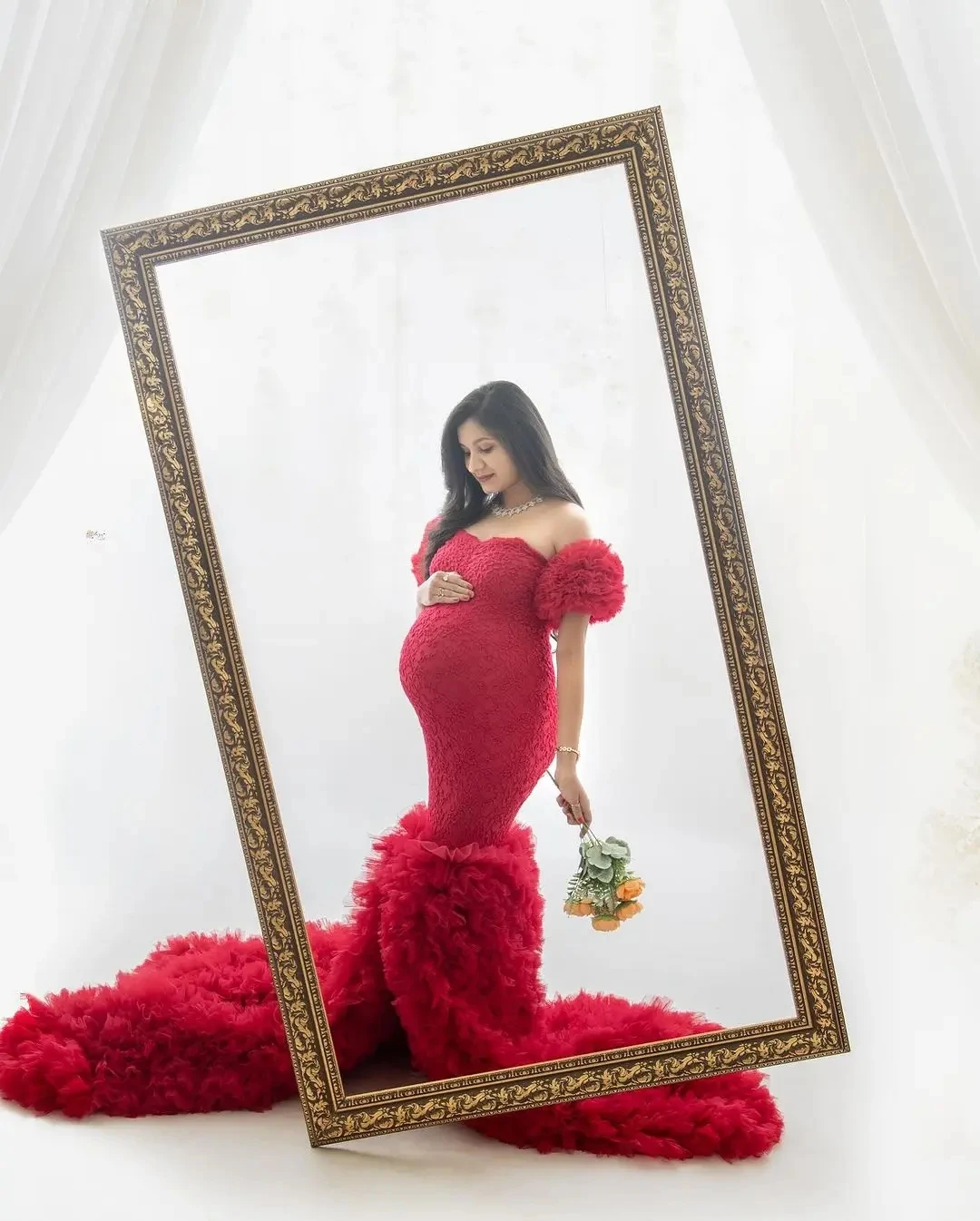 ブルゴーニュマタニティドレス写真撮影用マーメイドフリルチュールベビーシャワーオフショルダーロングウエディングドレスレース女性ドレスふわふわ