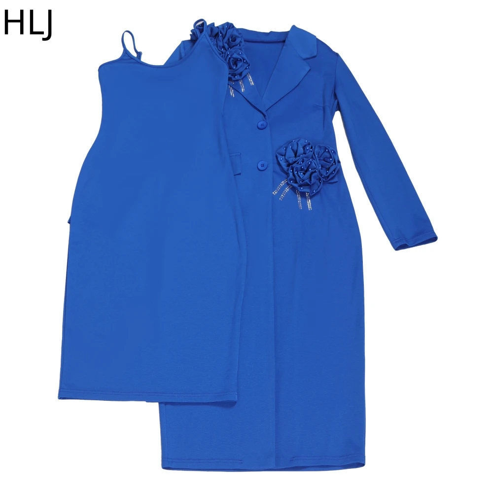 HLJ Elegant Lady Rhinestone Flower Two Piece Sets Women Bodycon Dresses And Long Sleeve Coats Outfits Spring New OL 2pcs Clothes