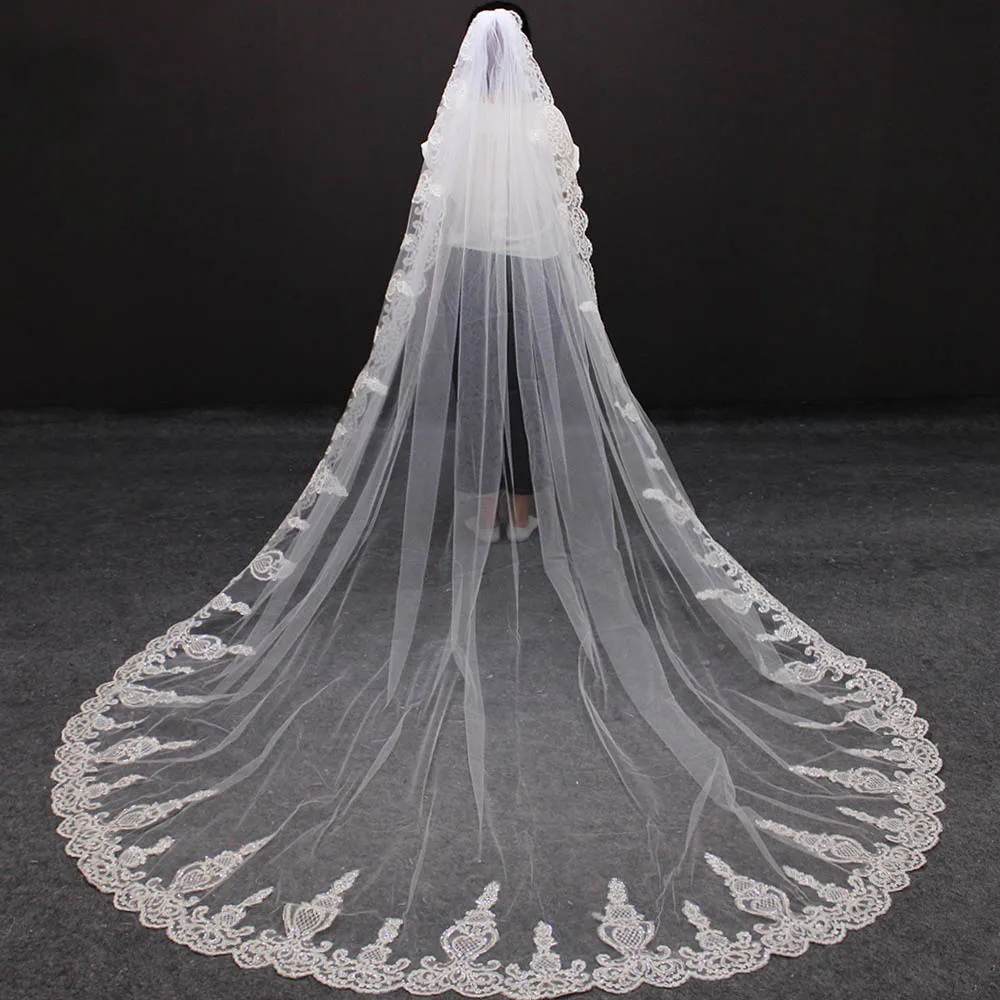 

Bling Sequins Lace Bridal Veil with Comb 3 Meters One Layer Wedding Veil Cathedral White Ivory Bride Veil Wedding Accessories