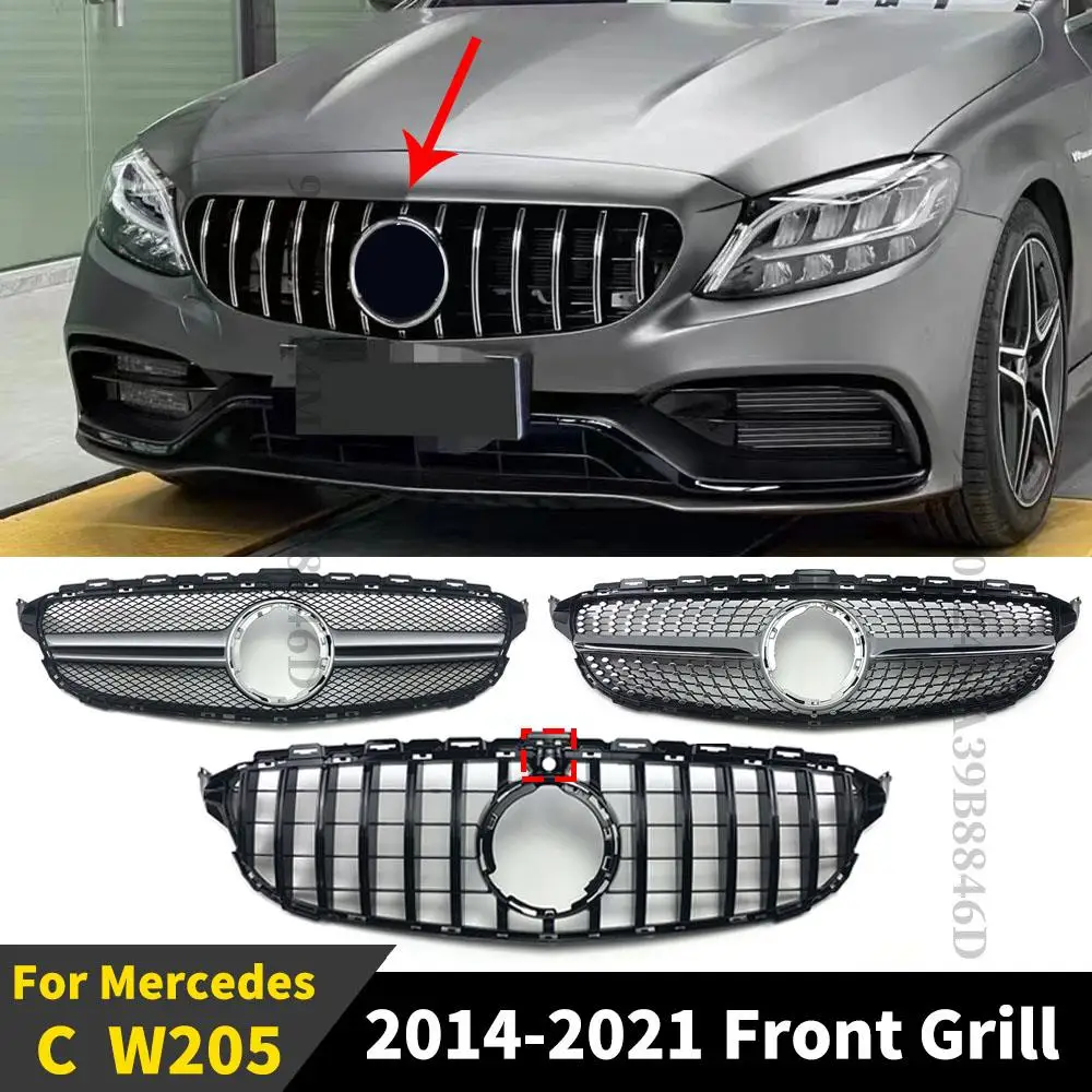 

Hood Mesh Front Grille Racing Grill Body Kit For Mercedes Benz C W205 C205 Touring S205 2014-2021 GT GTR Diamond AMG Style