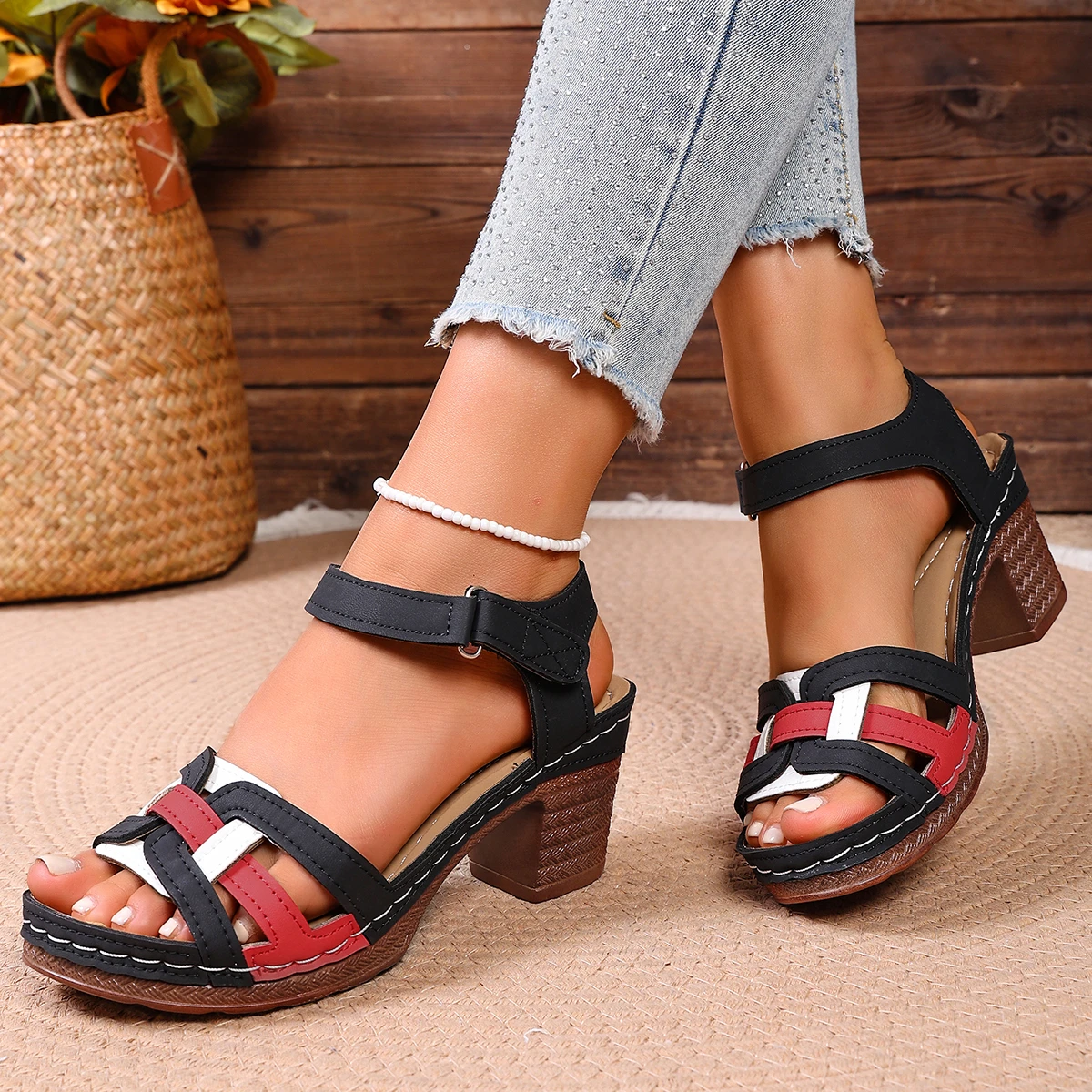 Gummisohle 2026 Winter-Stil Blockabsatz Offene Zehen Klettverschluss Peep-Toe Schuhe für Damen