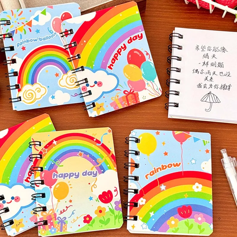 4pcs/set Random Designs A7 Cute Rainbow Mini Spiral Notebooks Happy Day Balloon Pattern Pocket Journal Notepads Stationery Gift