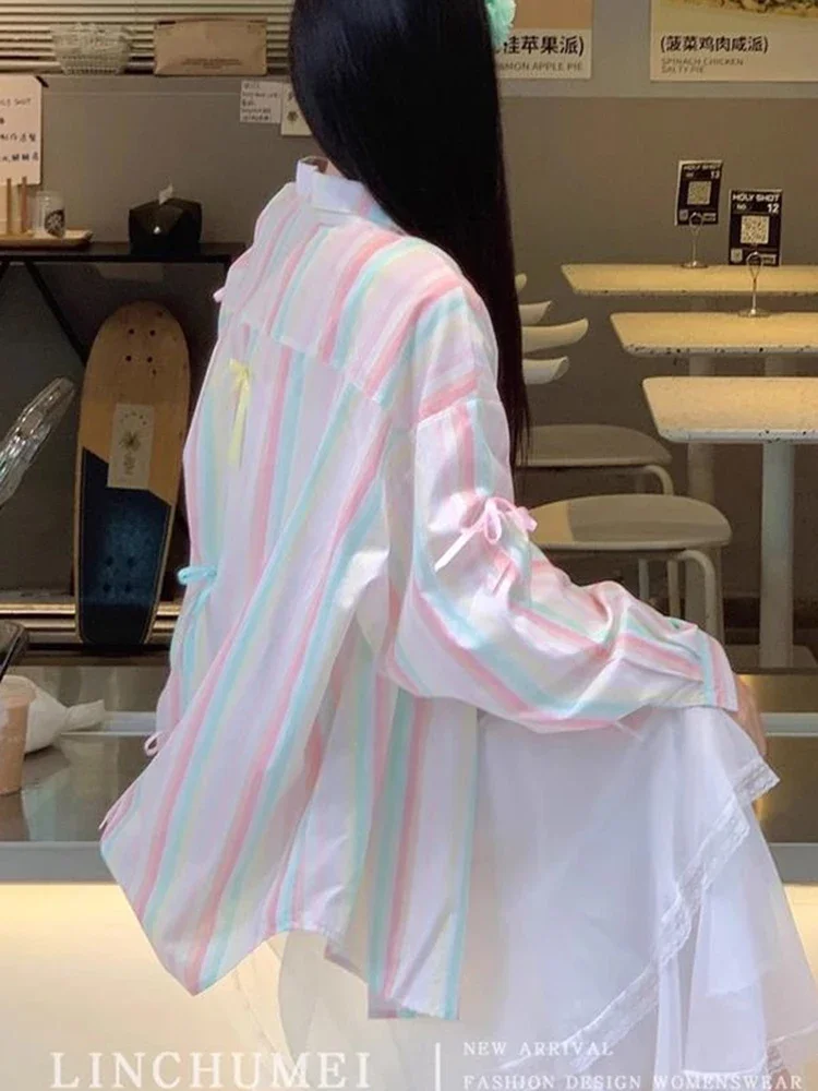 Zoki قوس قزح مخطط قميص المرأة عادية فضفاض الحلو الكورية بلوزة خمر كم طويل أنيق لطيف القوس سيدة الربيع الصيف القمم #5