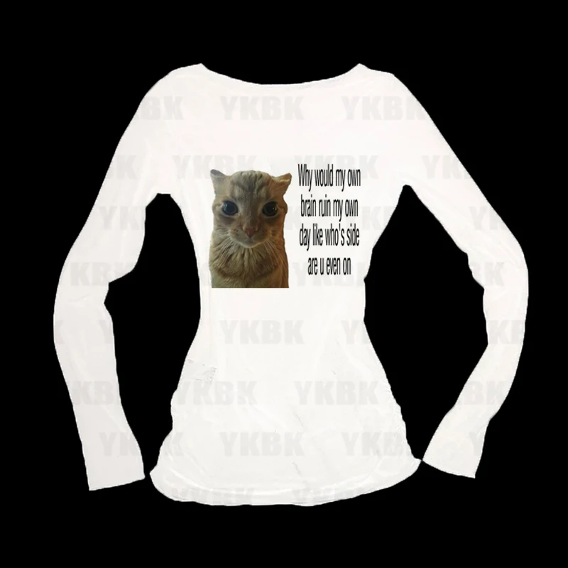 Harajuku الشارع الشهير القط كيتي نمط أنيمي النساء فتاة فضفاضة طويلة الأكمام س الرقبة لطيف تيز موضة عادية Y2k تي شيرت خمر الطفل