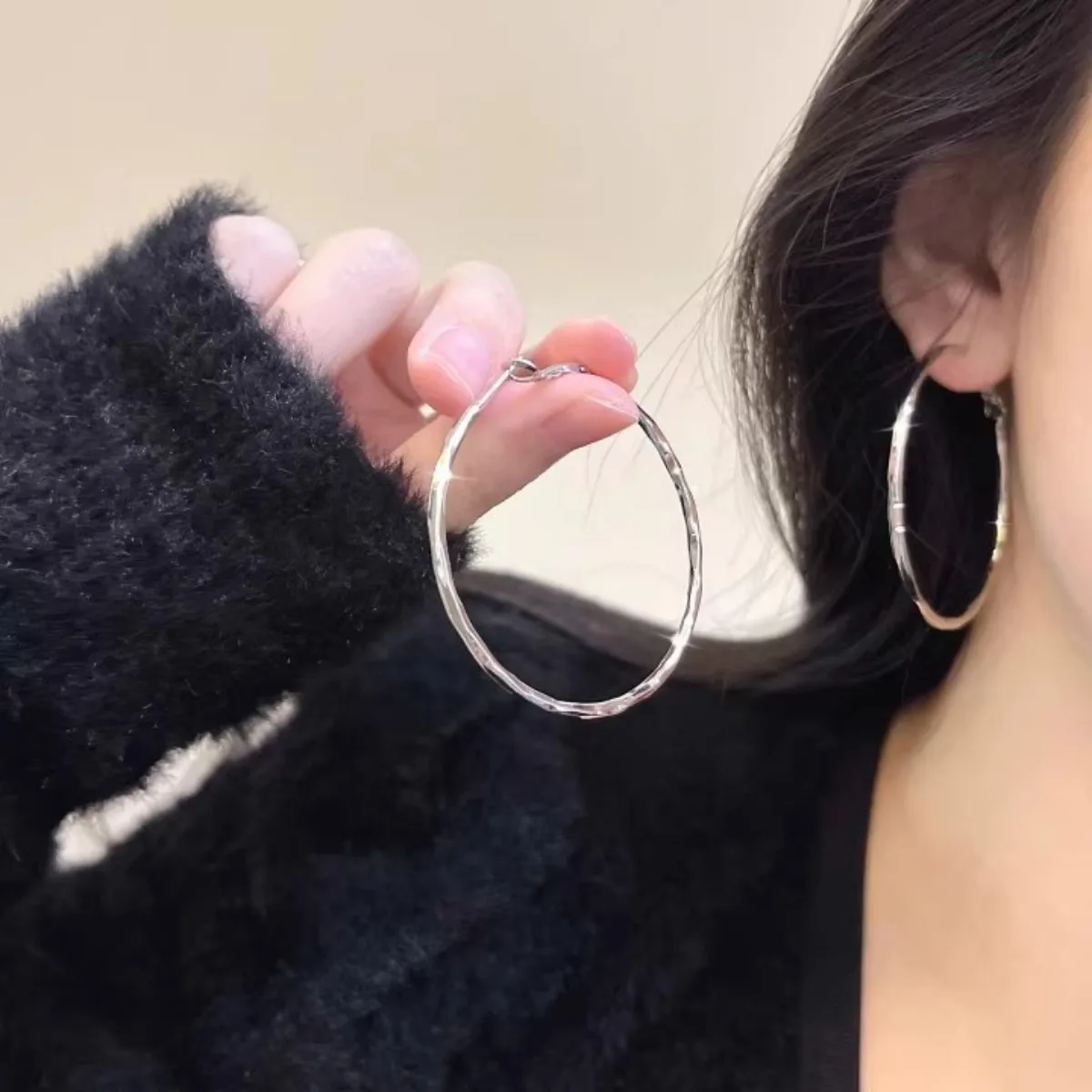 

silver textured large hoop earrings for women minimalist trendy lightweight elegant fashion jewelry