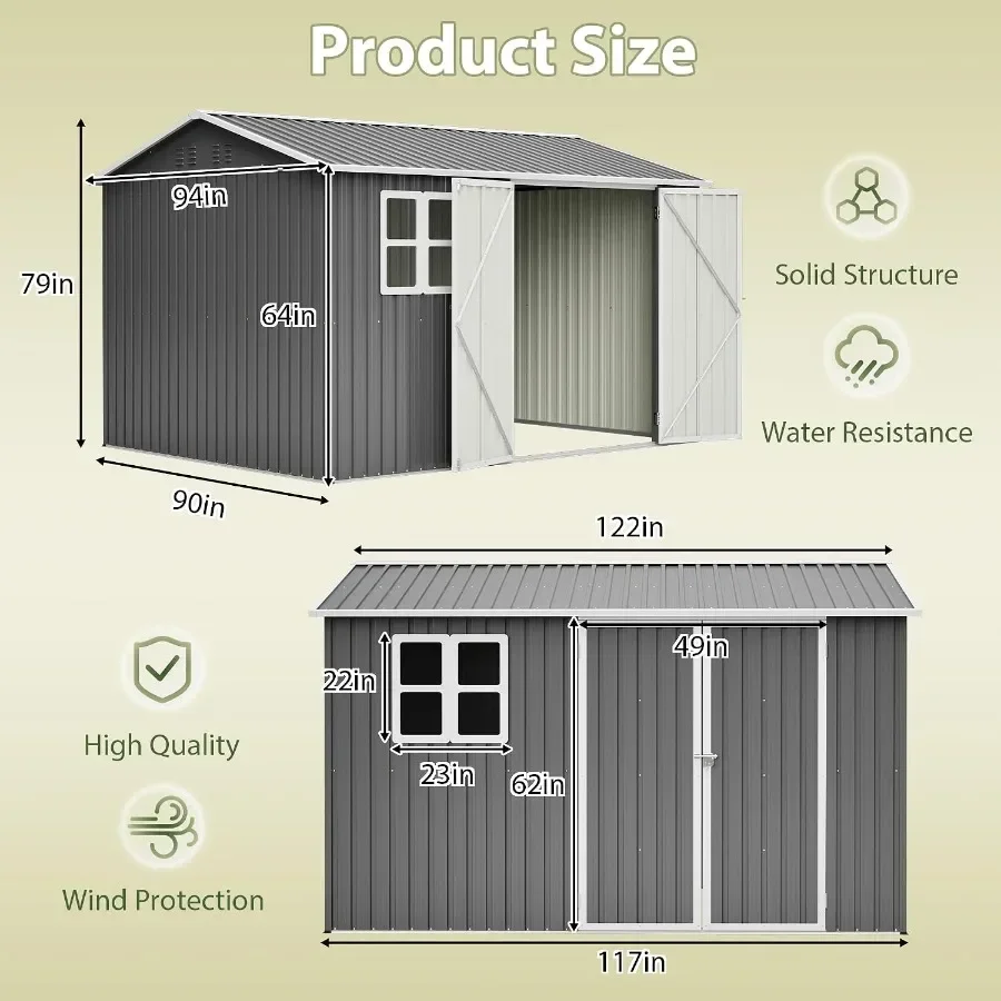 Backyard, Patio, Lawn Storage Shed: 8x10FT Galvanized Steel Outdoor Shed with Bright Window, Lockable Doors, Gray Color, Heavy-