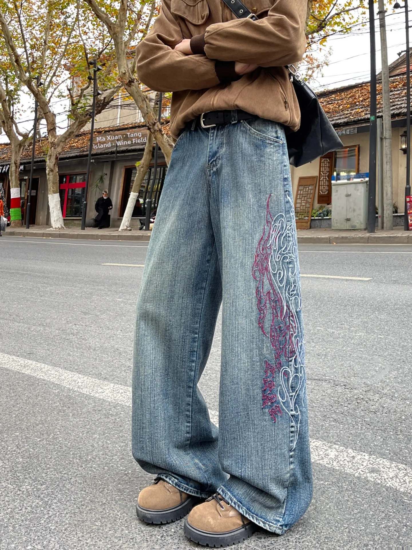 

American Style Embroidered Bamboo Node Denim Jeans Men's High Street Vibe Wide Leg Loose Slim Clean Fit Straight Knife Pants