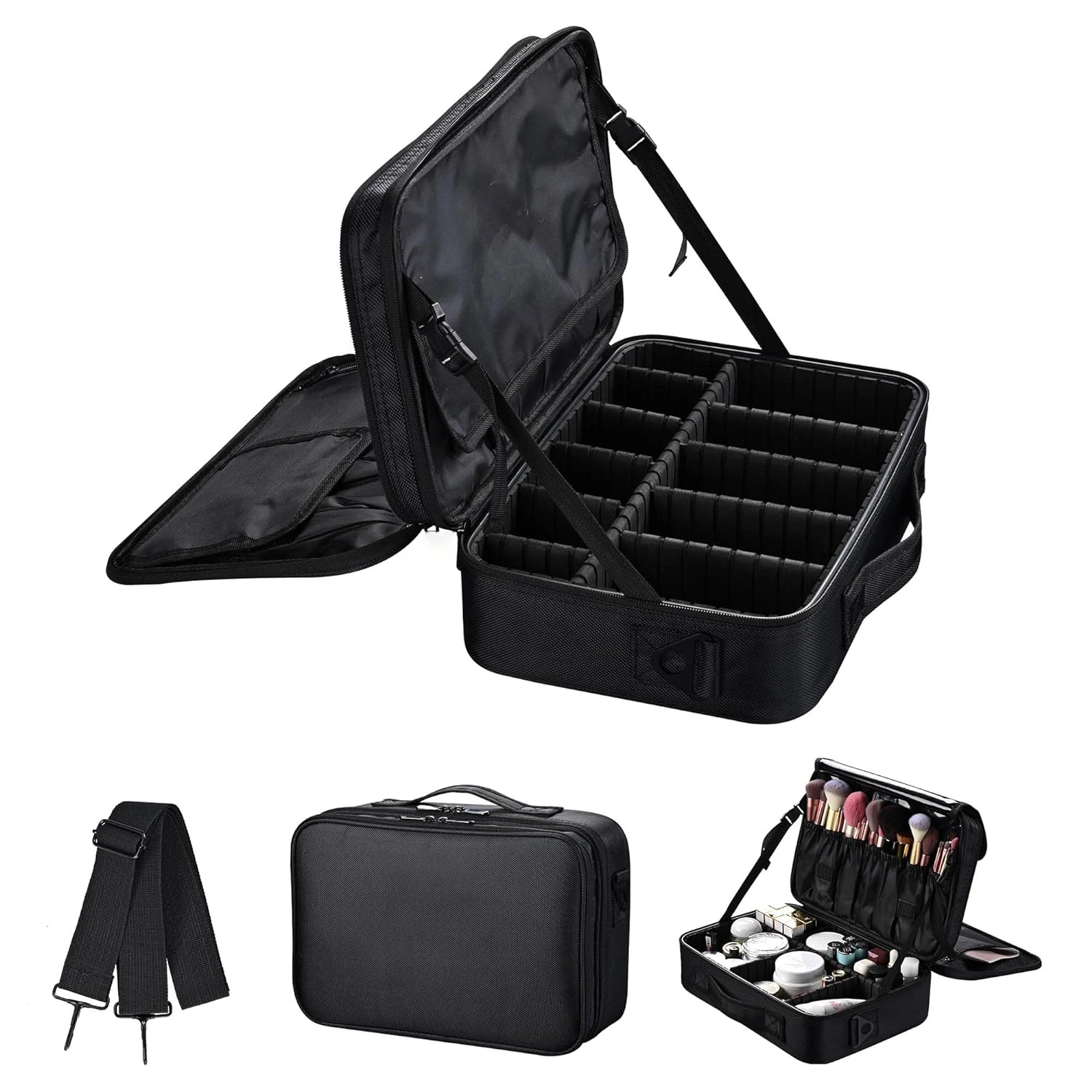 Large capacity travel makeup case, portable artist organizer with adjustable dividers and shoulder strap for toiletries jewelry