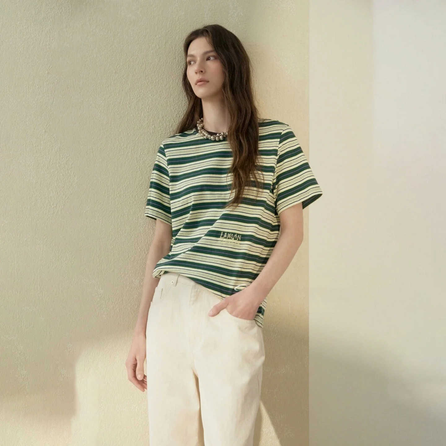 

Pure Cotton Short Sleeve T-Shirt Striped Color Block Retro Style Versatile Basic round Neck Top for Women Commute Fashion