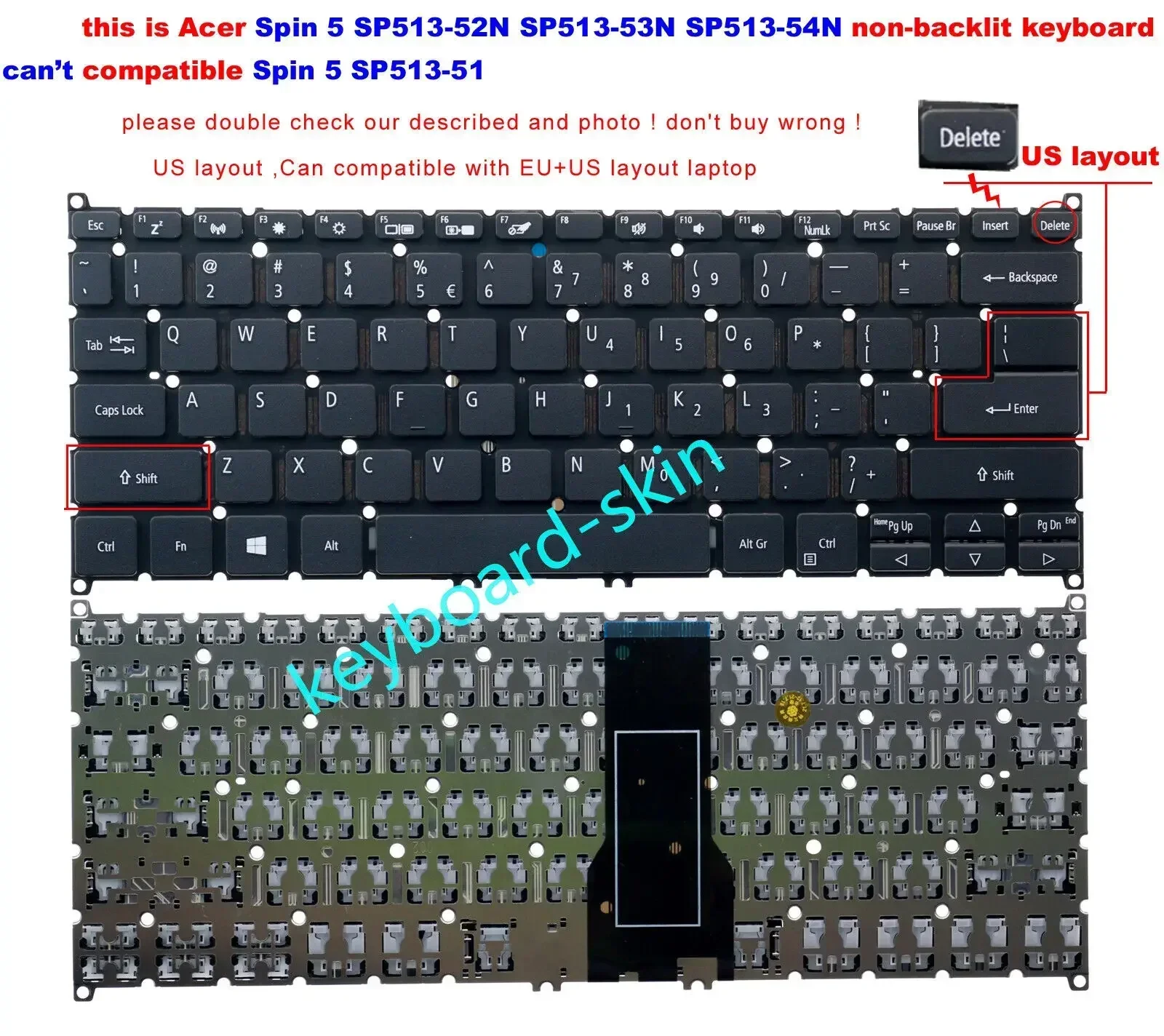 New  US Keyboard no-backlit no-frame for Acer Spin 5 SP513-52N SP513-52NP SP513-53N SP513-54N N19W3 series laptop