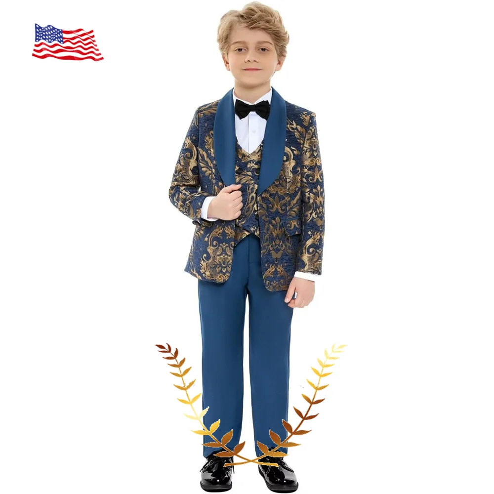 Gold Floral Boys Suit Wedding Dress 3 Piece Jacket Pant Vest Formal Tuxedo High Quality Blazer for Kids