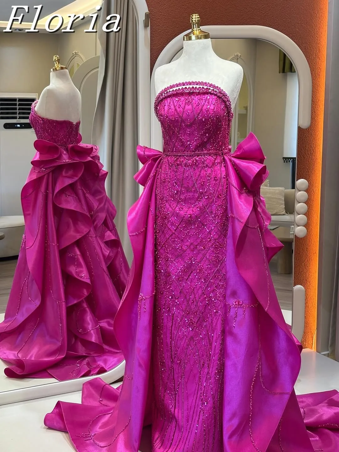 

Великолепное вечернее платье с открытыми плечами, халат невесты цвета фуксии, расшитый бисером, со съемным шлейфом длиной до пола, по индивидуальному заказу