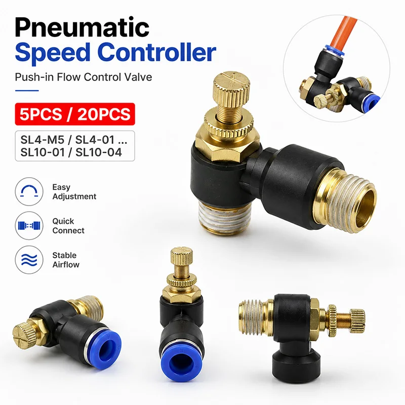 SL Pneumatic Air Flow Control Valve Push To Connect Speed Controller Fitting 4/6/8/10mm M5 01 02 03 04 Air Tube 5/20PCS Pack Set