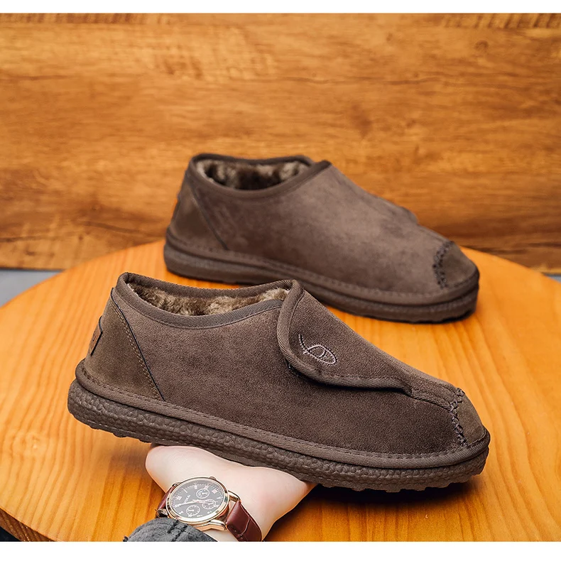 Thickened Version Men's Fashionable Suede Snow Boots Magic Tape Retro Style Winter Warm Casual Shoes Low Heel round Toe