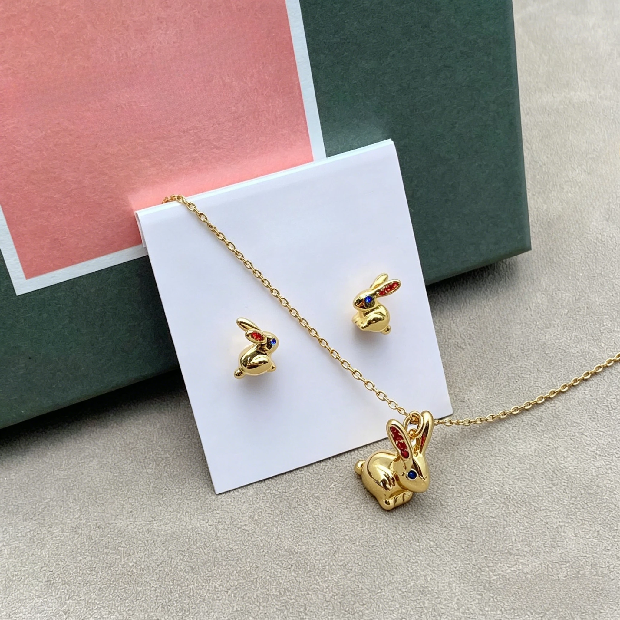 

VKVVA New Mini Shiny Zircon Gold-plated Rabbit Jewelry Set, Chinese Zodiac Animal Inlaid Stud Earrings Necklace for Women