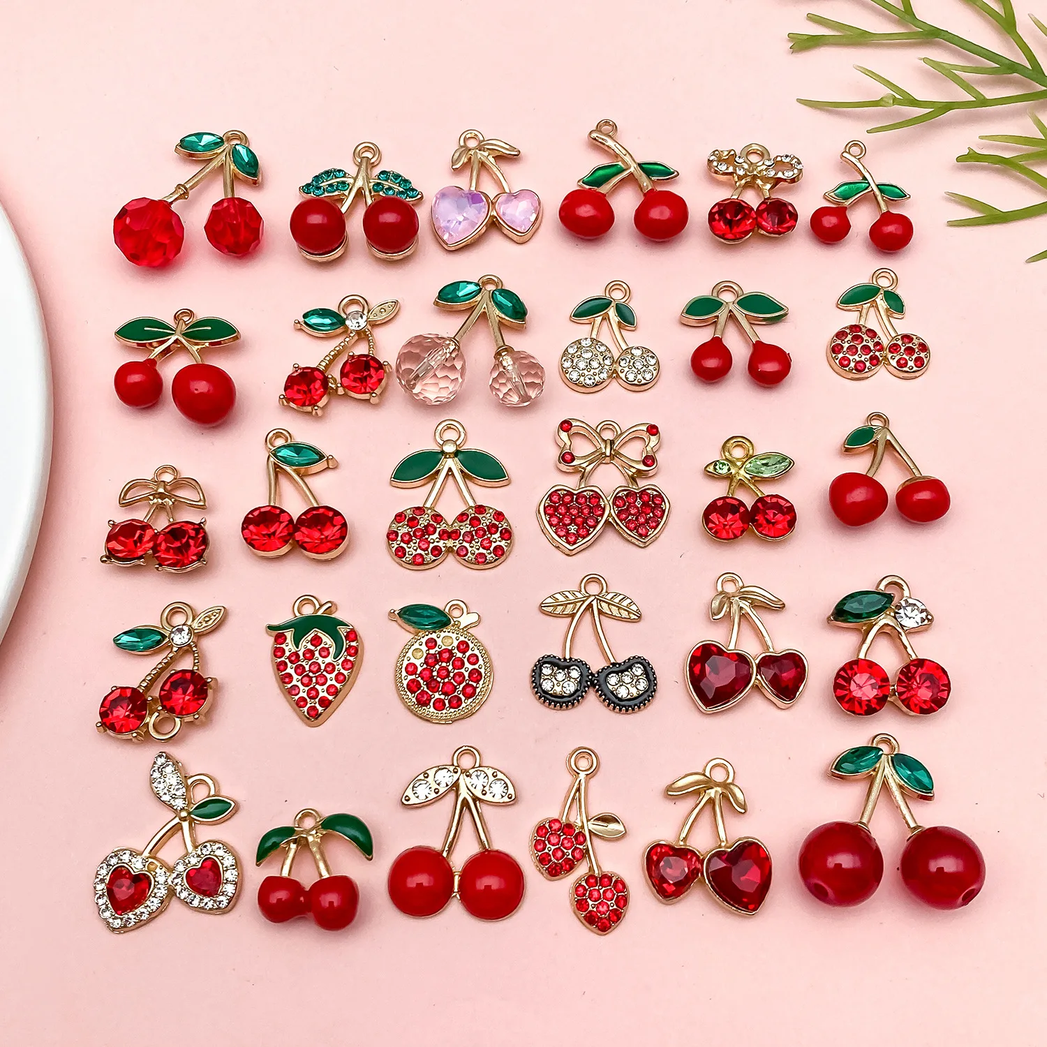 30PCS DIY Cherry Strawberry Jewelry Set - Luxury Rhinestone Gold Pendant Necklace & Earrings for Women (Fruit Theme)