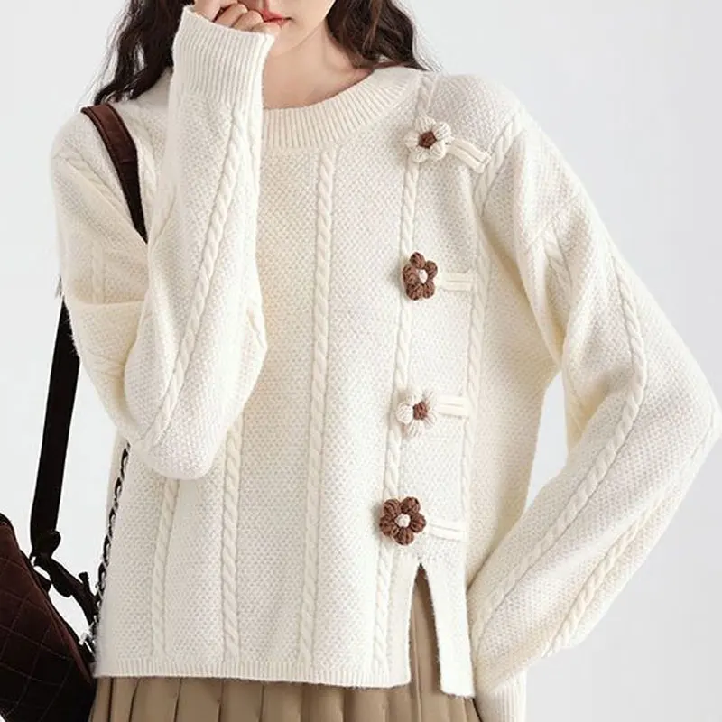 

Nice Pullovers Office Lady Simplicity Solid Color O-neck Long Sleeve Patchwork Screw Thread Sweet Sweaters Loose Thick Women Clo