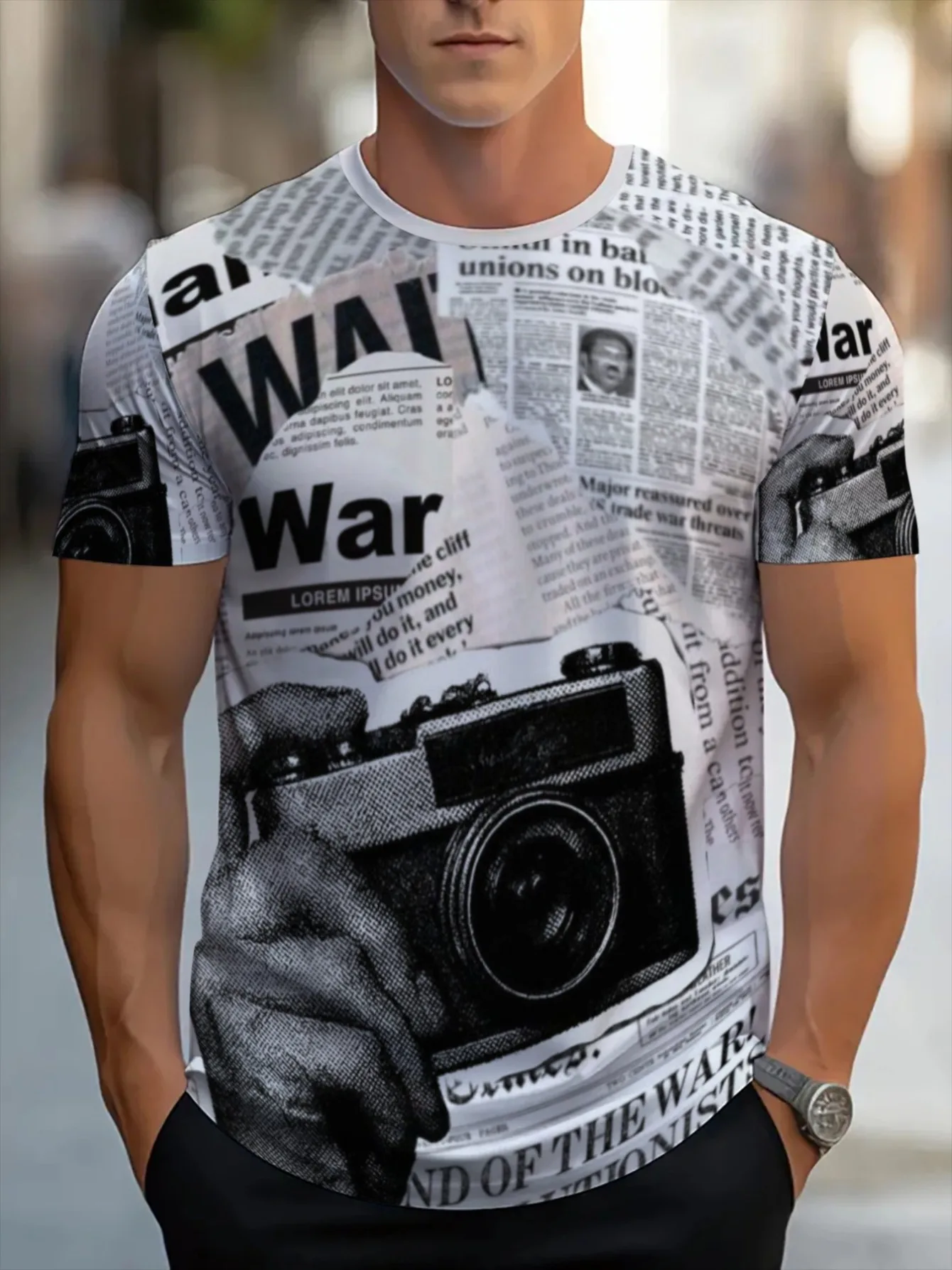 Men Vintage Newspaper Camera Print Tee O Neck Short Sleeve Summer Casual Top
