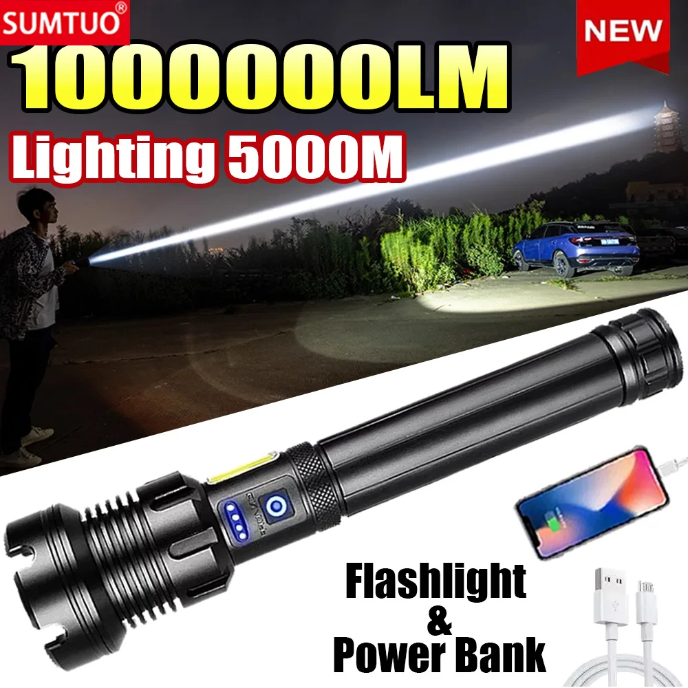 2024 Most Powerful Flashlight Super Bright Rechargeable Led Torch 10000000LM Long RangeTactical Flashlights Zoom Camping Lantren