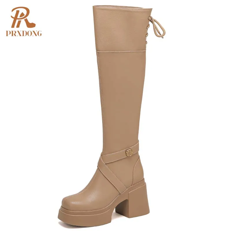 PRXDONG 2024 New Classics Autumn Winter Shoes Woman Stretch Boots Square High Heel Platform Black Apricot Casual Knee High Boots