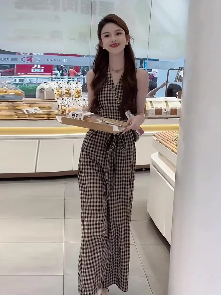 

Новый летний комплект для женщин: топ с поясом и широкие брюки в клетку из полиэстера, повседневный стиль