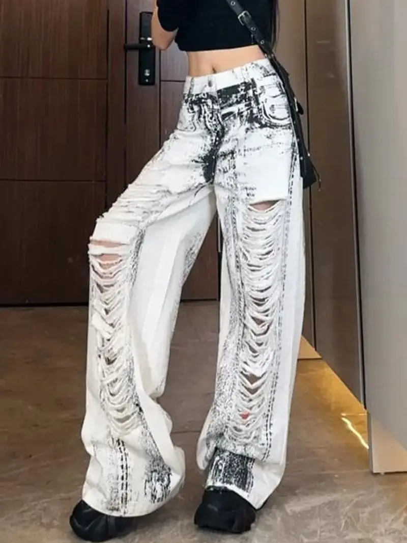 

CHIC Summer New Arrival Distressed Hole Straight Leg Denim Jeans Women Vintage Ink Print Pants Japan Style Retro Trendy Trousers