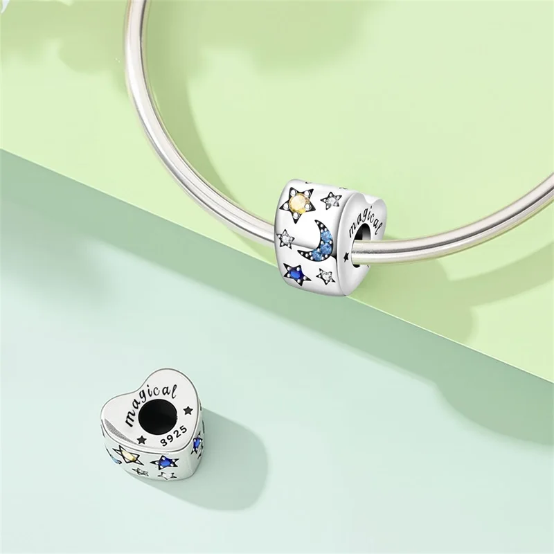 

New 925 Sterling Silver Star Moon Heart-shaped Charms Beads Zircon Dangle Fit 3mm Original Bracelet DIY Women Birthday Jewelry