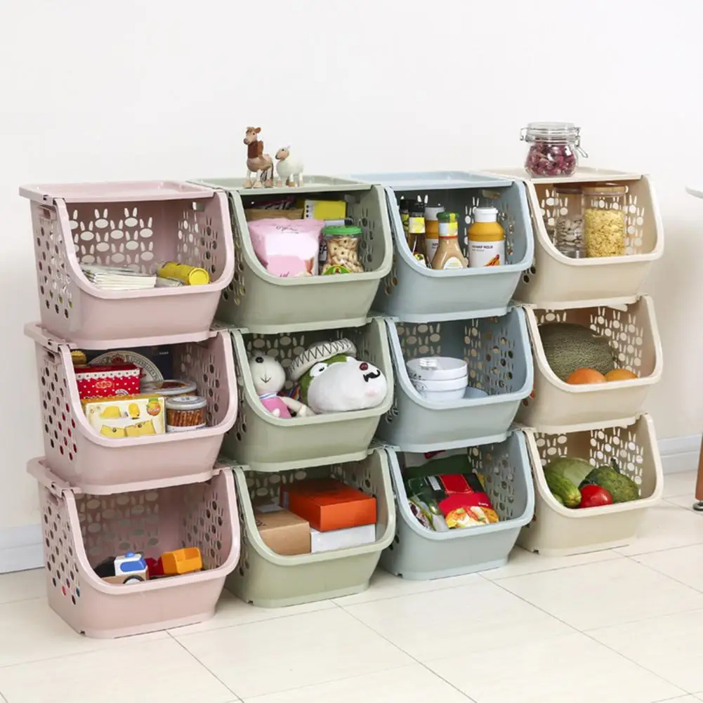 Stackable Storage Basket Hollow-design Strong Load-bearing Capacity Kitchen Vegetable Fruit Organizer Shelf with Lid Home Supply