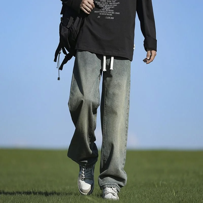 Men's Straight Leg Jeans Loose Fit Retro Trendy Korean Sle Casual Pants mid Waist Long Trousers Versatile Classic Design