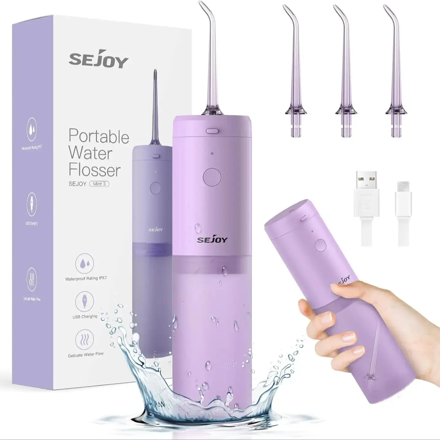 Sejoy Water Flosser Portable Dental Oral Irrigator with 3 Modes 3 Replaceable Jet Tips Rechargeable Waterproof Teeth Cleaner