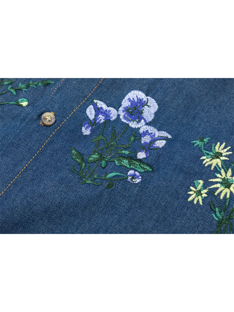 Sycpman Retro Plant Flower Embroidery Denim Short Sleeved Shirts for Men Summer Women Loose Casual Shirt