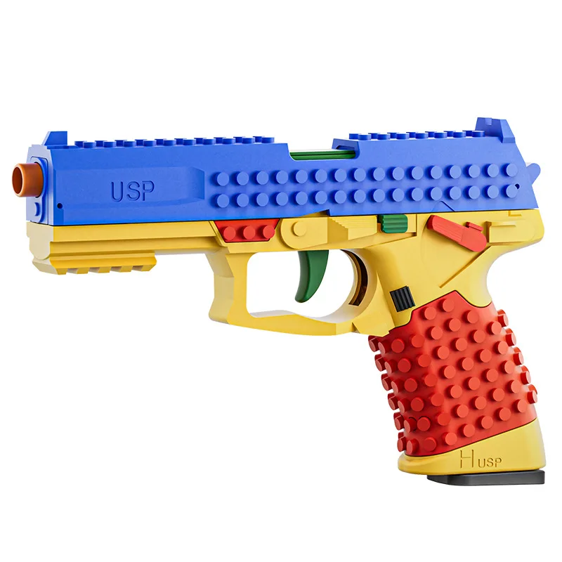 Pistola de Juguete USP Building Block Blaster con Expulsión Automática de Cartuchos, Disparo Continuo, Modelo de Pistola para Ensamblar con 20 Dardos y 6 Cartuchos