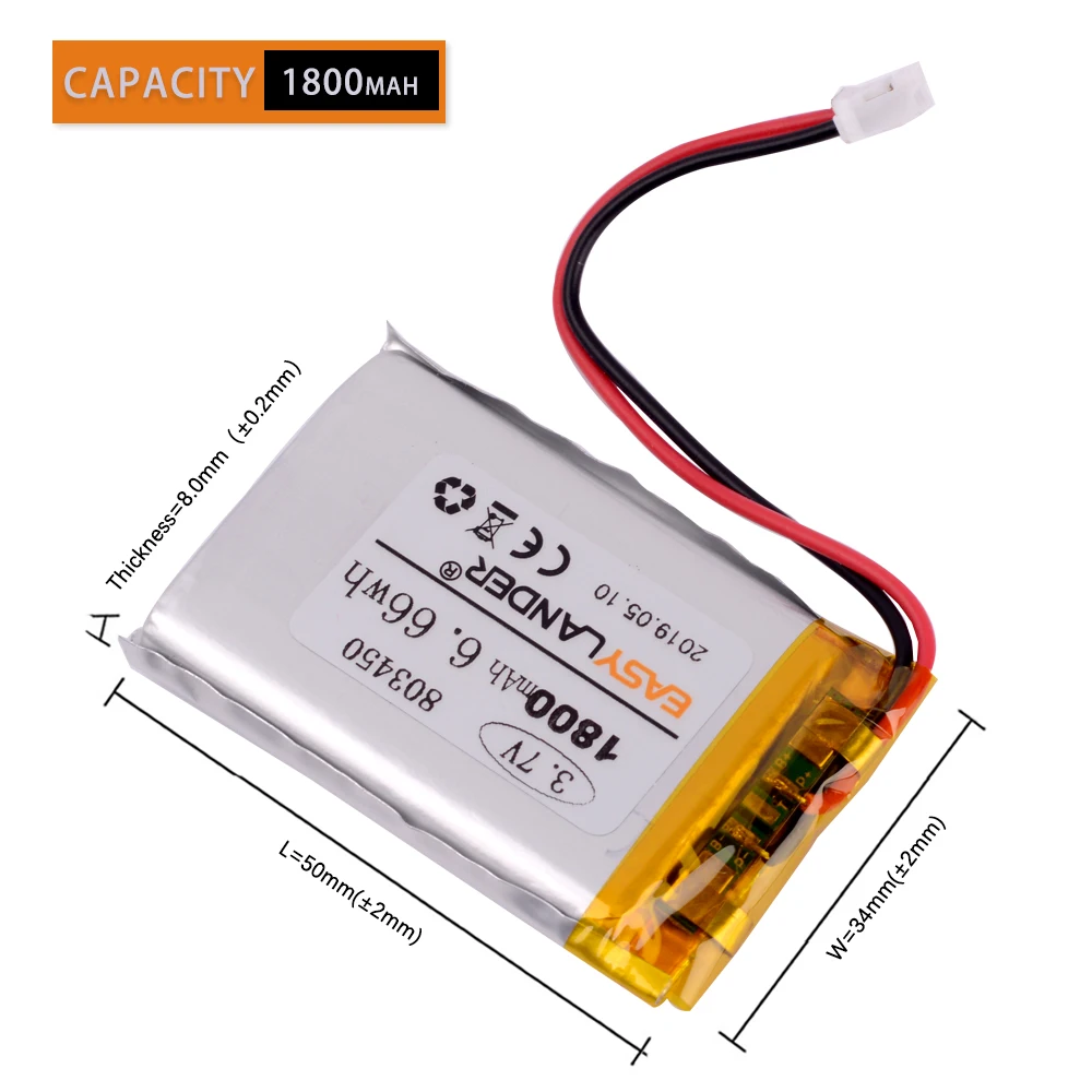 JST Plug803450 3.7V 1800mAh Lithium Polymer Rechargeable Battery For MP3 Camera GPS DVR Bluetooth headset Corsair Void Pro