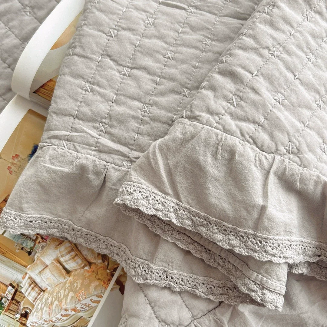 Luxury Sandwashed Cotton Lace Quilted Coverlet Set 3Pcs, Ultra-Soft Solid Color Bedspread, Lightweight Summer Quilt, Home Decor