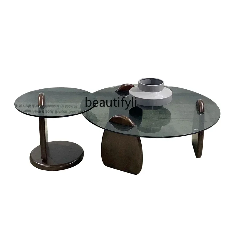 

New Nordic solid wood coffee table round modern simple living room household small apartment, ash wood edge table