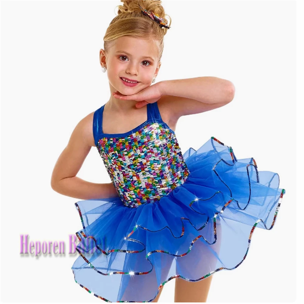 Costume da spettacolo di danza classica per bambini blu con paillettes colorate, abito da ballo per bambini carino