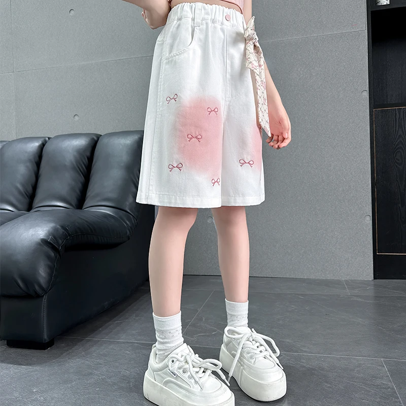 Elegant Kids Fashion White Denim Shorts with Bow for Girls Harajuku y2k Street Hip Hip Knee Length Pants Child Loose Short Jeans