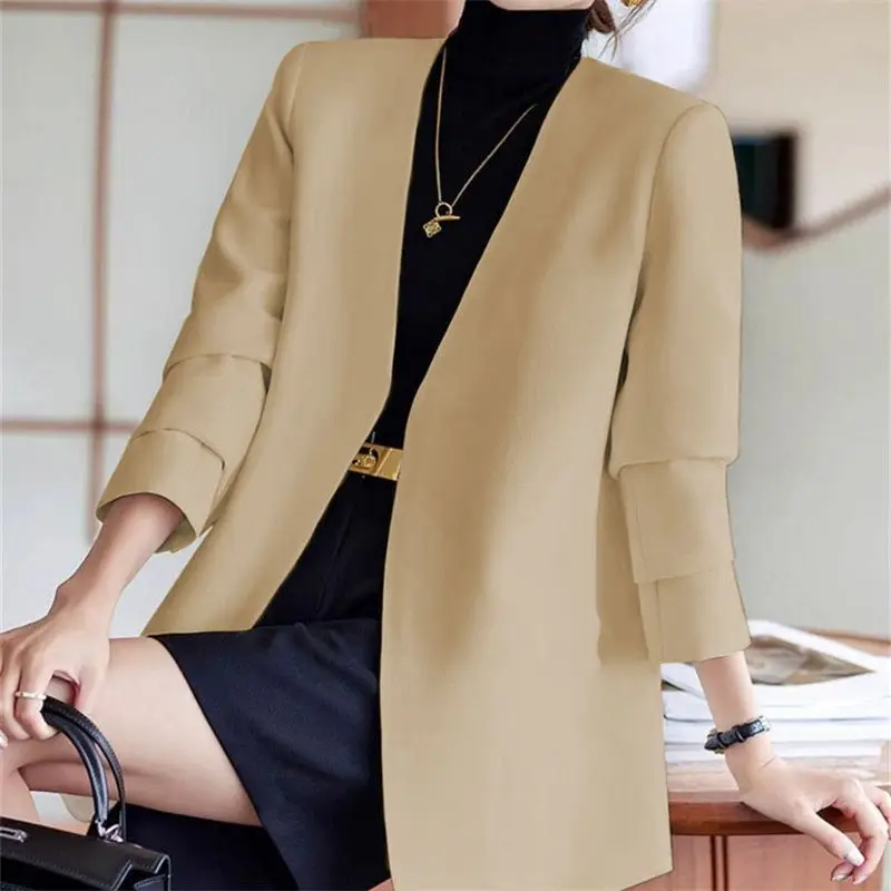 Office Lady Solid Color Long Sleeve Cardigan Women' S Clothing Spring Autumn V-Neck Casual Formal Fashion Suits Blazers Tops