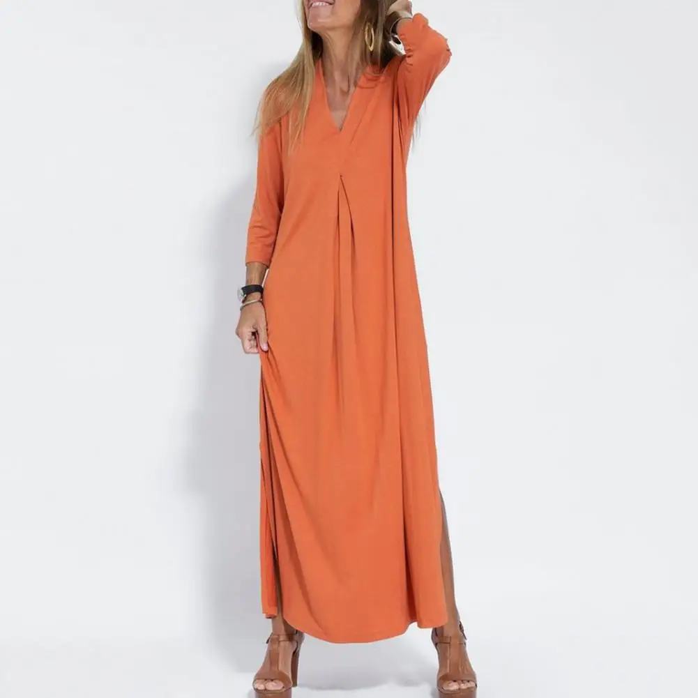 

Women Dress V Neck Loose Solid Color Side Split Hem Three Quarter Pleated Sleeve Knitted Soft Soft Length Maxi Dress