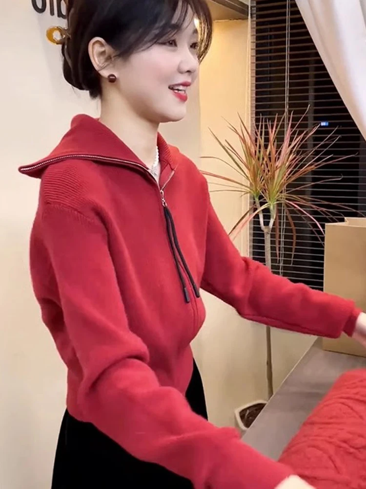 여성용 카메레 오픈 가디건 롱 슬리브 턴다운 칼라 지퍼 디자인 니트 스웨터 출퇴근용 가을 겨울 신상품...