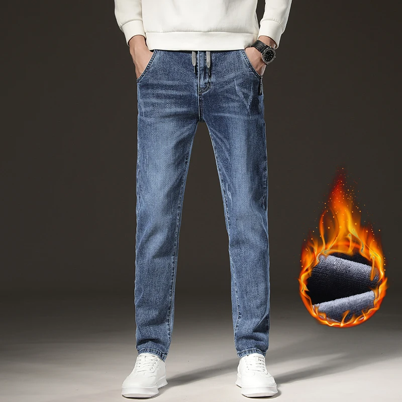 Winter Thick Men's Jeans Slim Fit Elastic Straight Leg Fleece Denim Pants Korean Business Office Work Daily Warm Casual Trouser