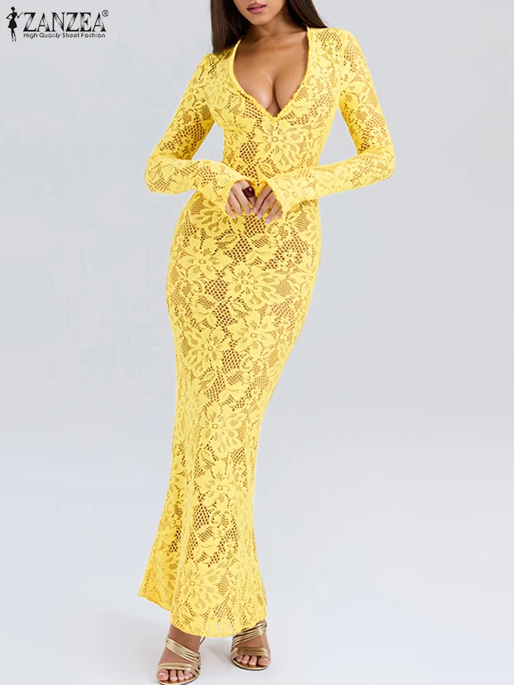 ZANZEA المرأة مثير ضيق ارتياد فساتين الحفلات العميق الخامس الرقبة طويلة الأكمام انظر من خلال الدانتيل Bodycon فستان طويل حجم كبير 5XL