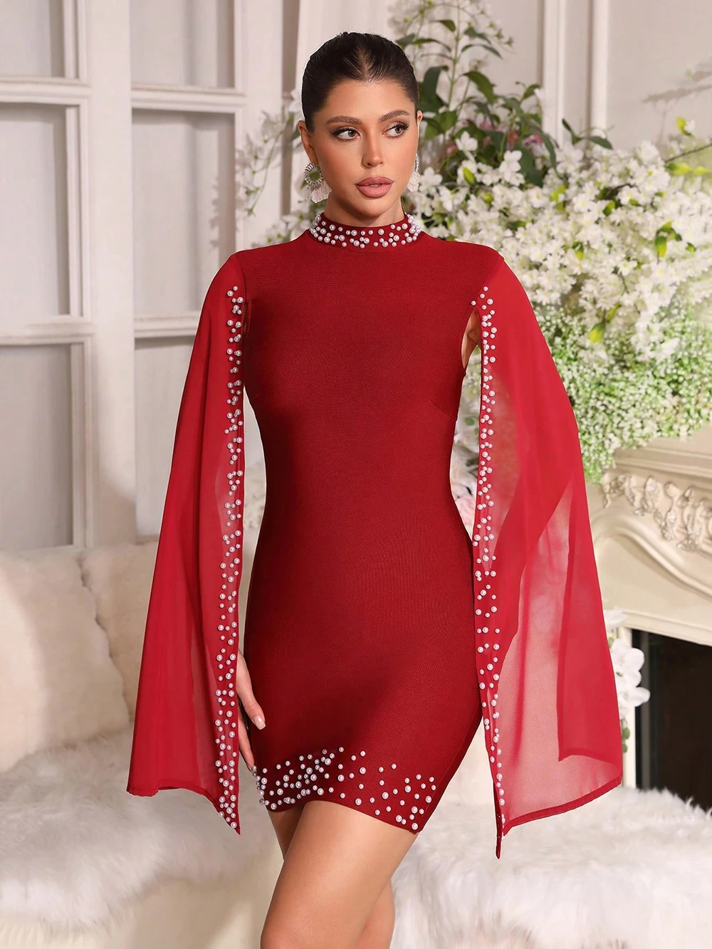 Modphy Fashion Bead Cape Sleeves Bandage Mini Dress Women'S Split Sleeve Bodycon Short Dresses 2026 Summer New Fashion