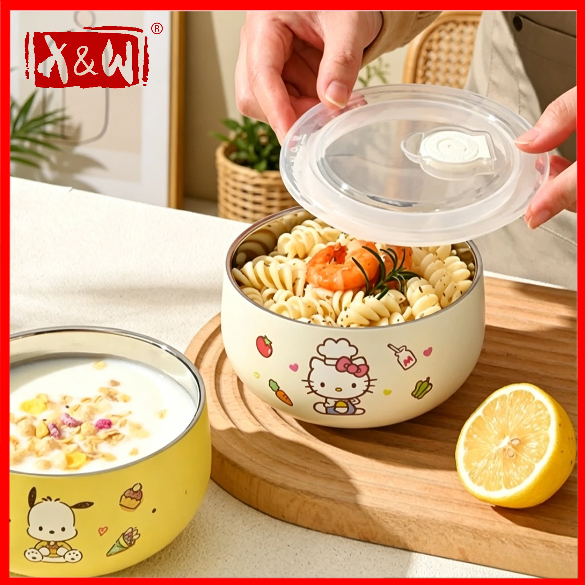 WUHE Instant Noodle Bowl 316 Stainless Steel Genuine Sanrio Children's Bowl Thickened Anti Scald with Lid Hello Kitty Lunch Box