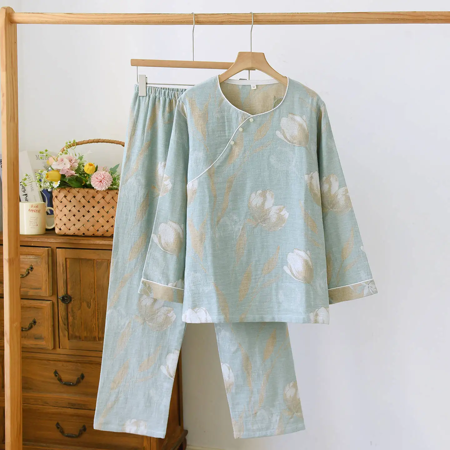 

Spring and Autumn Cotton Sleepwear Clothes Color Weaved Jacquard Homewear Women's Long Sleeve Long Pants Thin Pijama Women